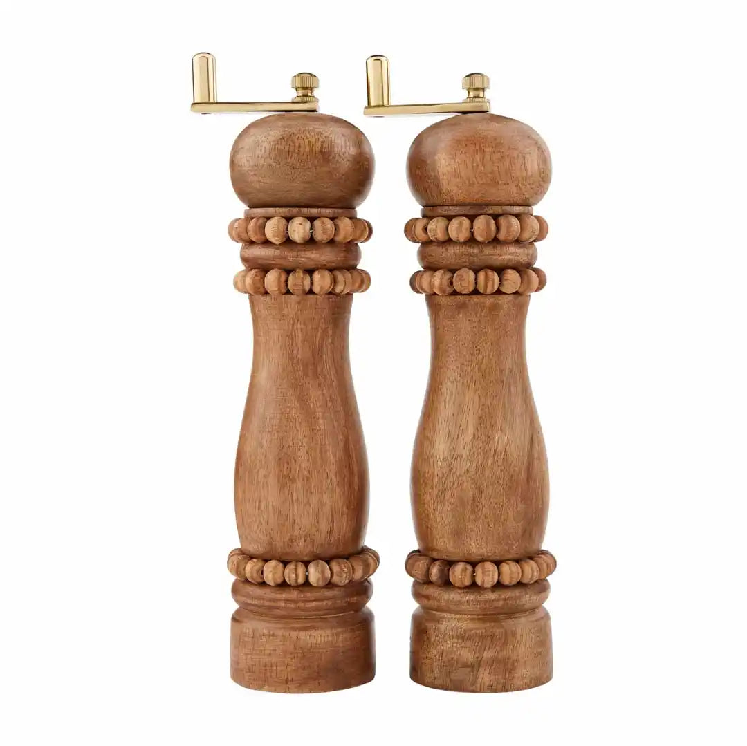 Beaded Whitewash Mango Wood Salt and Pepper Grinder Shaker Set