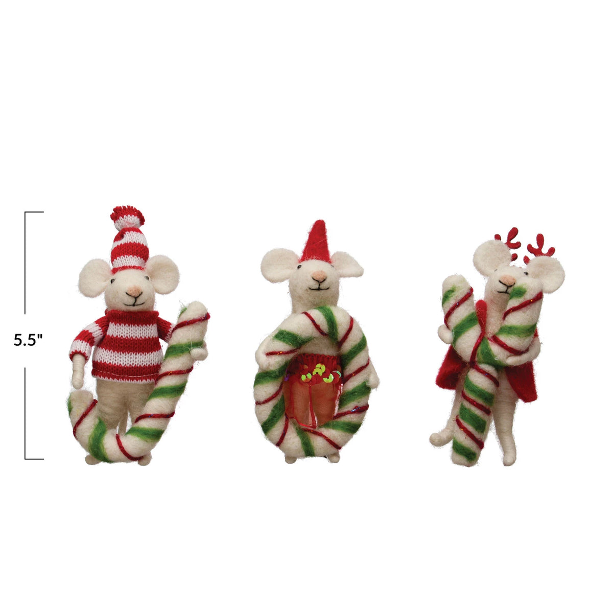 JOY Wool Felt Mice with Candy Canes Set of 3 One Amazing Find