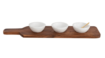 Acacia Wood Tray with Handle, 3 White Marble Bowls and Stainless Steel Spoon - One Amazing Find: Creative Home Market