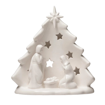 Stoneware Holy Family Candle Holder with Tree & Cut-Outs - One Amazing Find: Creative Home Market