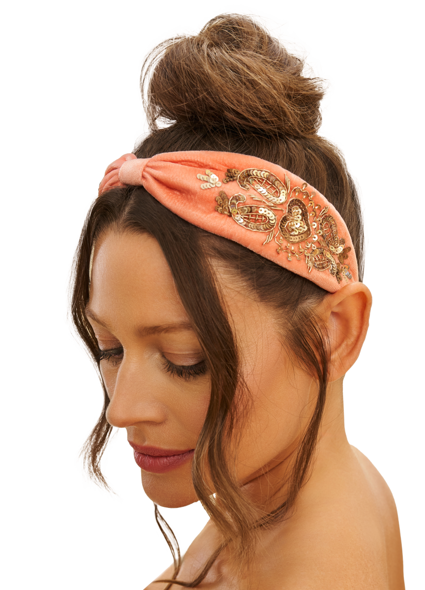 Velvet Embellished Headband - Coral Heart
