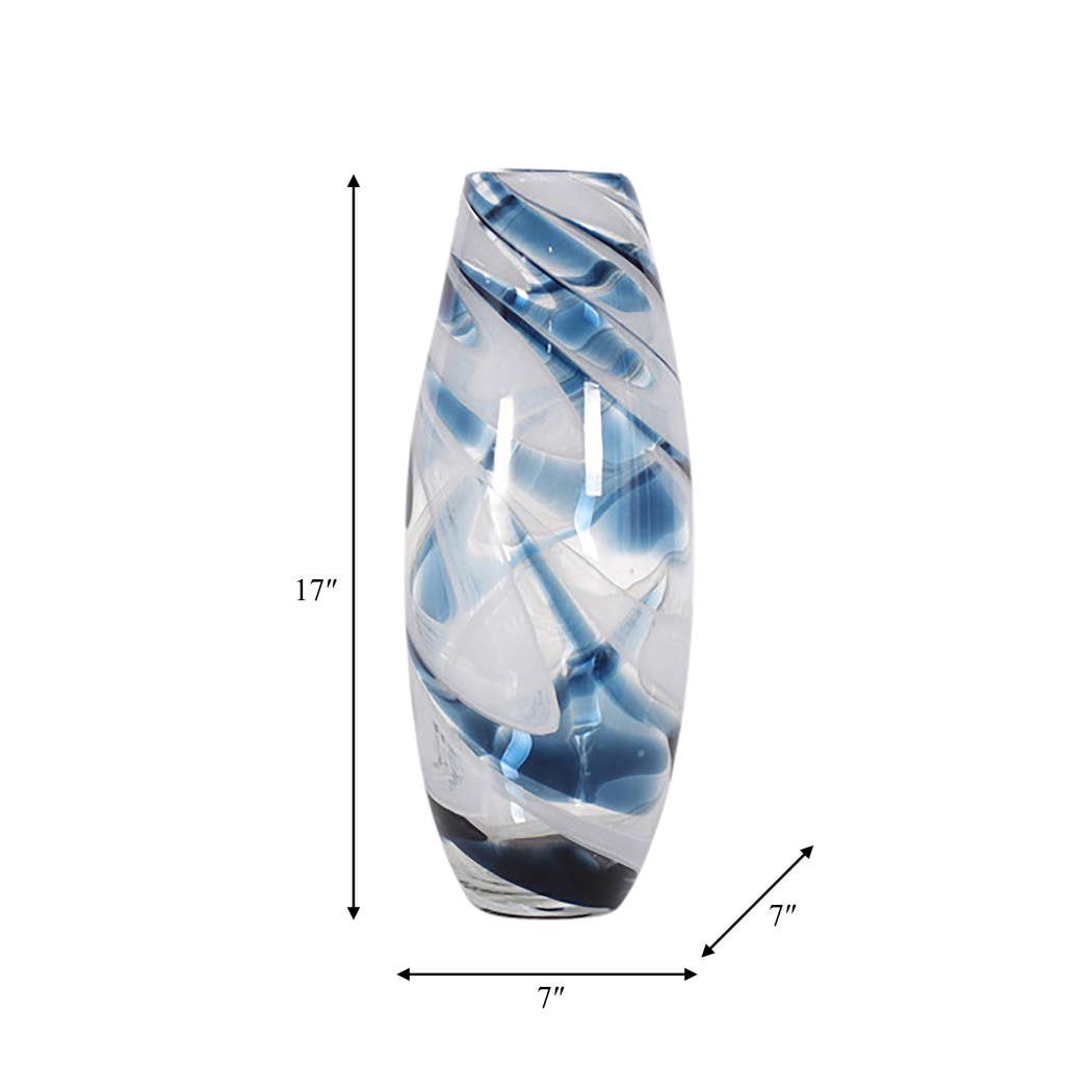 Glass Hand Blown Coastal Swirl Vase - Blue, 17 in.
