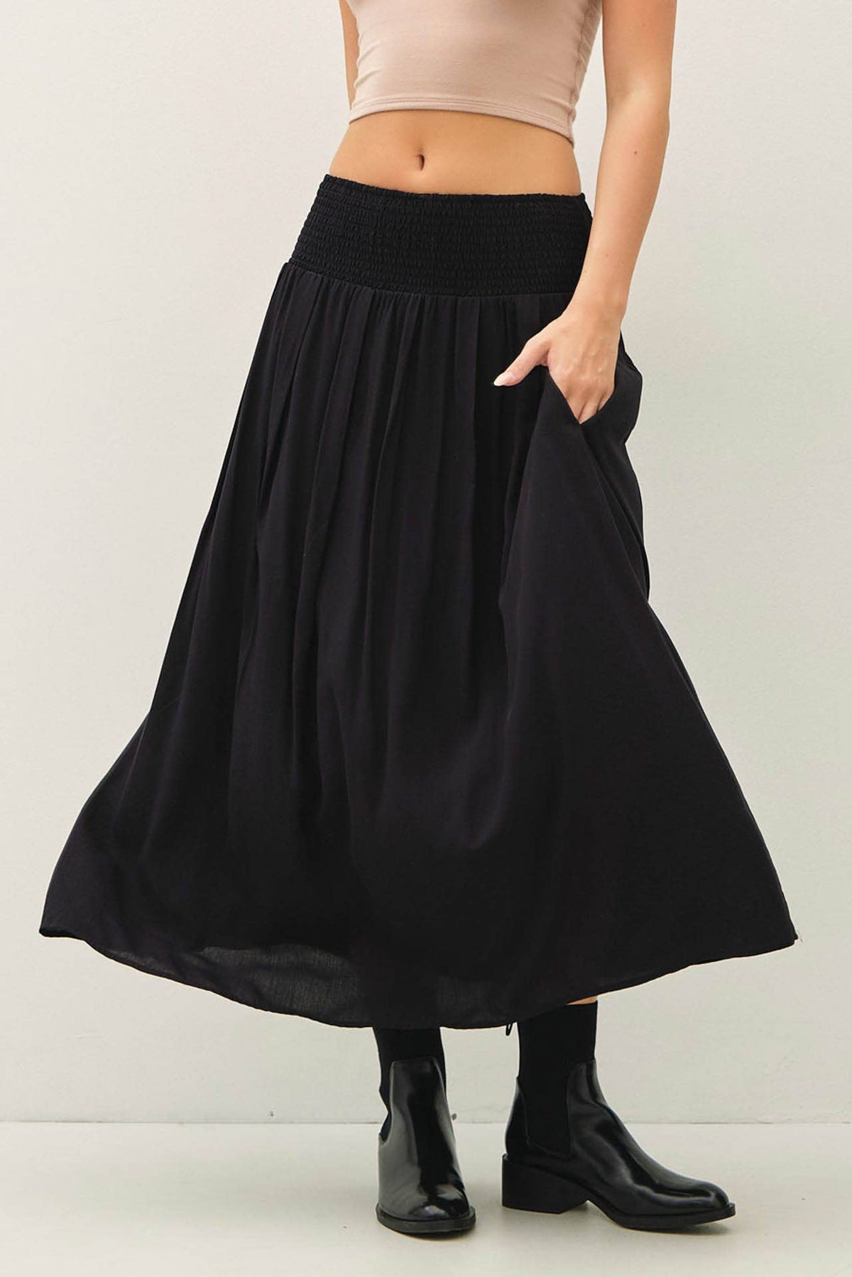 SMOCKED WAIST CIRCLE FULL SKIRT