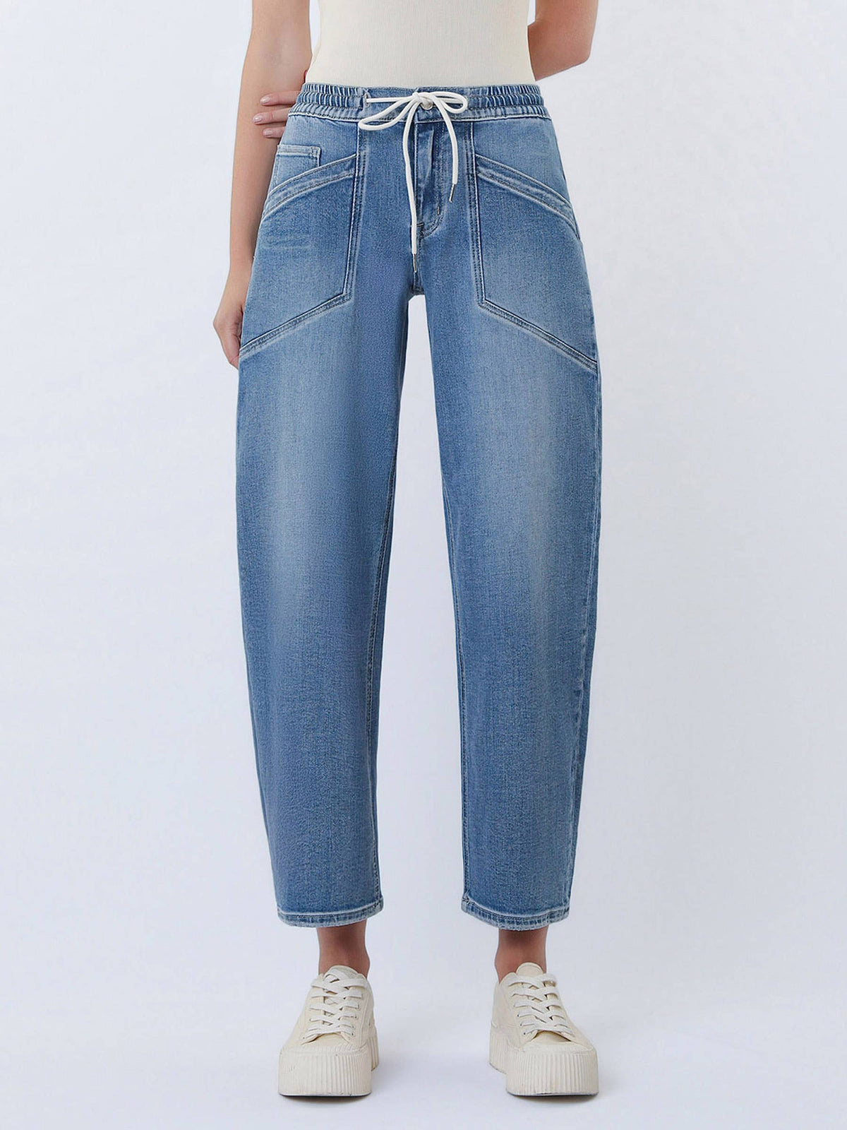 HIGH RISE ELASTIC WAISTBAND WIDE BARREL JEANS V3648