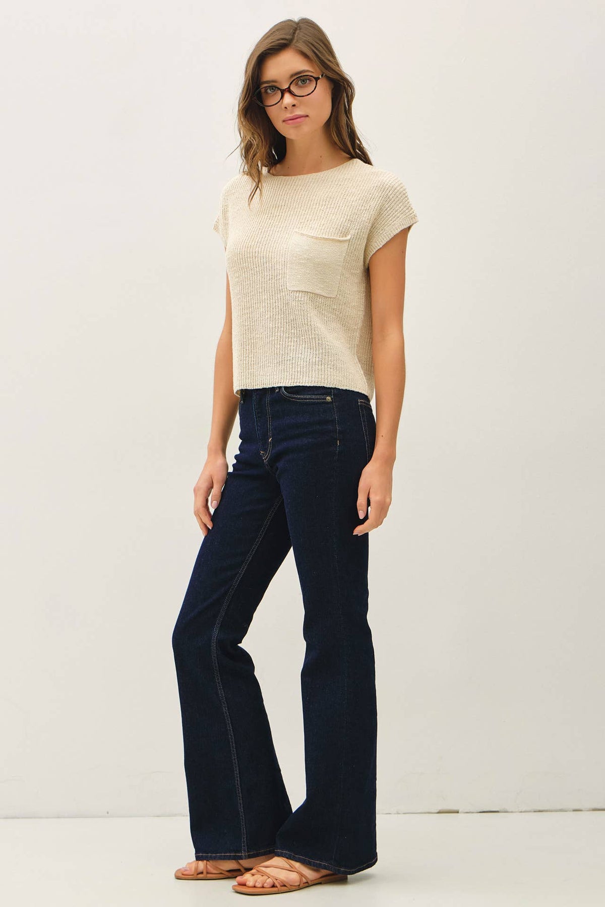 POCKET DOLMAN CAP SLEEVE BOXY KNIT