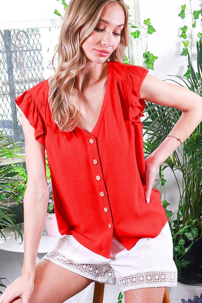 V-Neck Ruffle Sleeve Cotton Linen Blouse Top VT81688