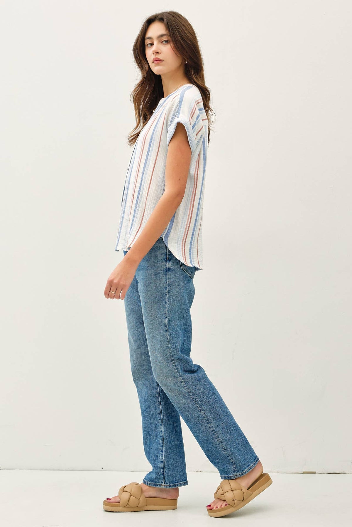 STRIPED, GAUZY BUTTON UP CAP SLEEVE TOP