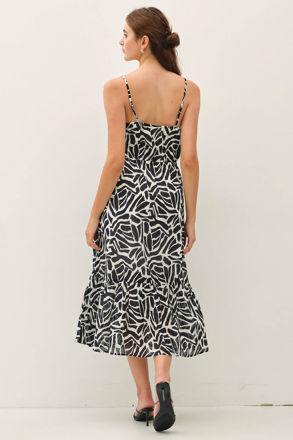 GEO PRINTED COTTON MIDI DRESS W/ BANDING AT WAIST