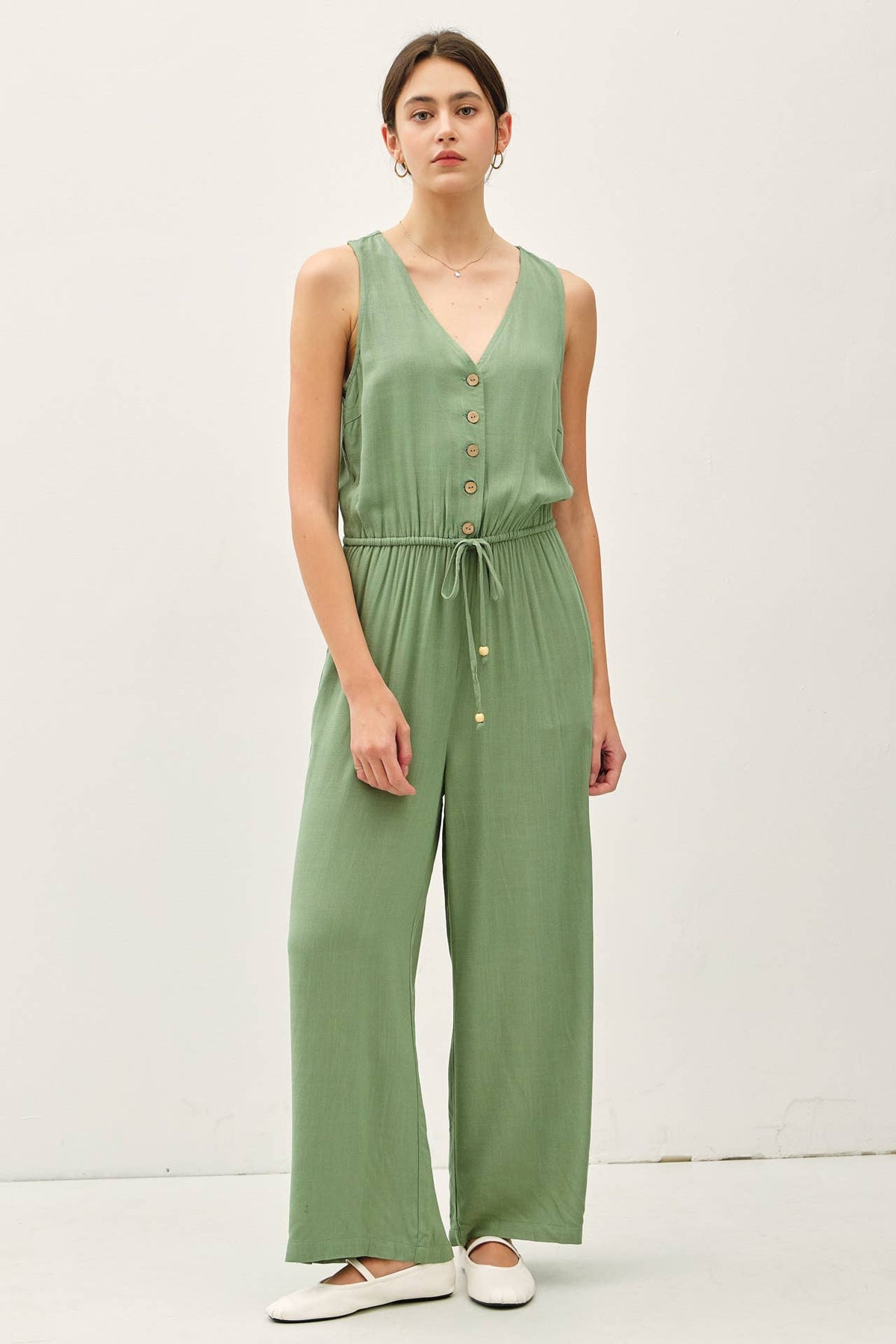 BUTTON UP V-NECK JUMPSUIT
