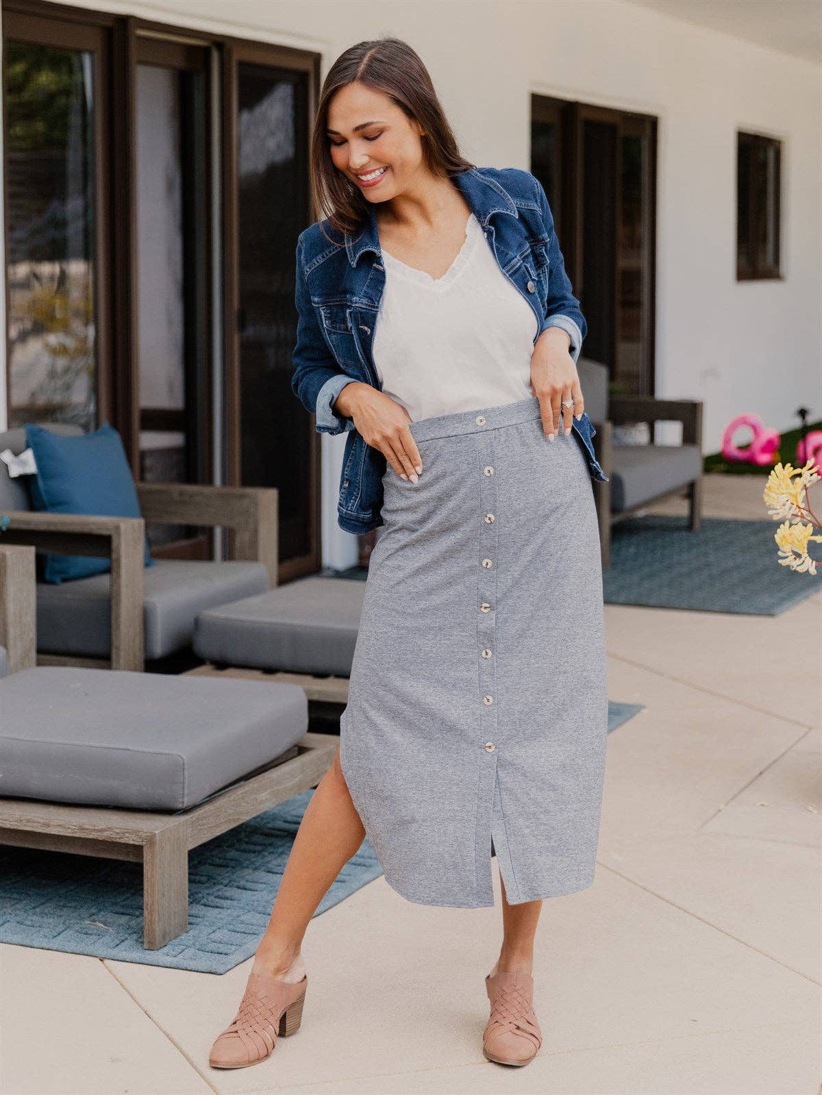 Scoop Hem Button Detail Lyla Midi Skirt