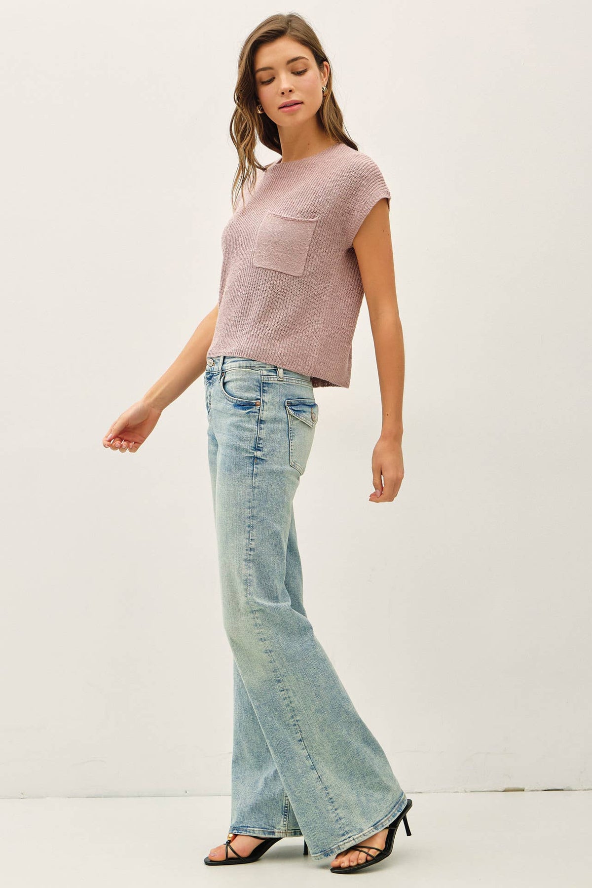 POCKET DOLMAN CAP SLEEVE BOXY KNIT