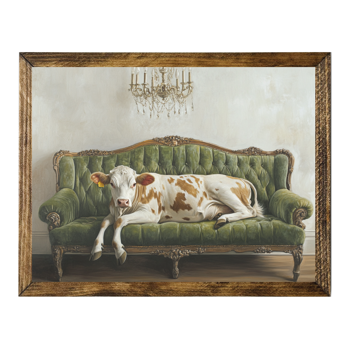 TIMBERLAND FRAME COW RELAXING ON GREEN VINTAGE SOFA RUSTIC