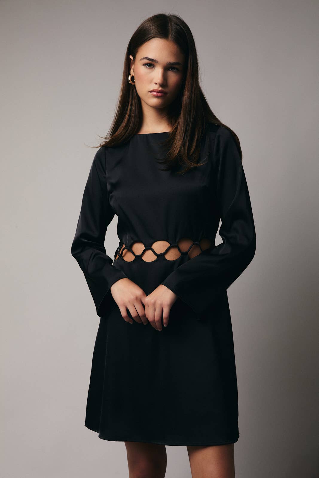 BOAT NECK LONG BELL SLEEVE CUT OUT DETAIL DRESS