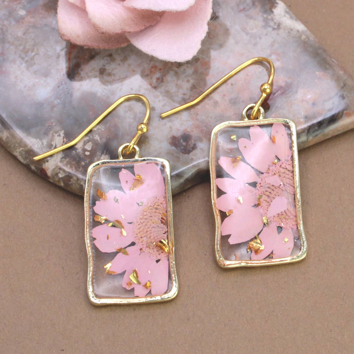 Pink Dried Flower Rectangle Gold Earrings