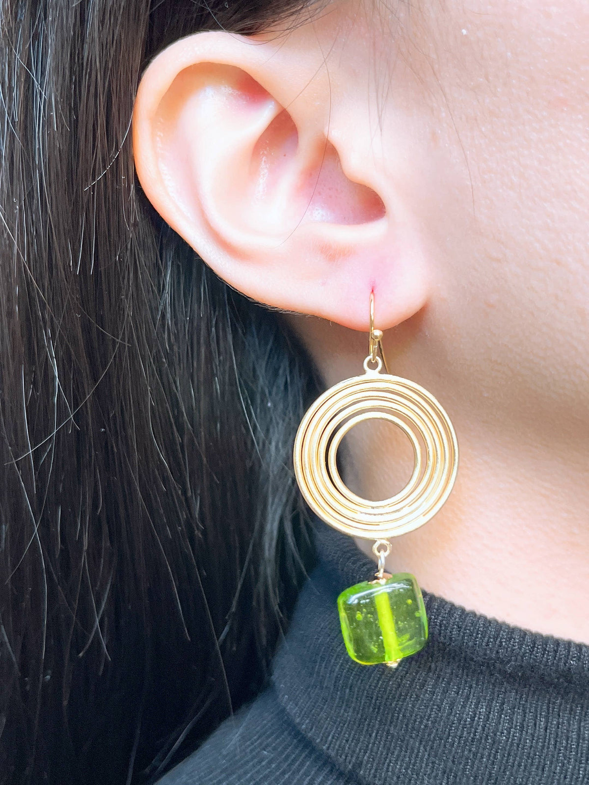 Peridot Murano Glass & Swirl Disc Drop Earrings - GF