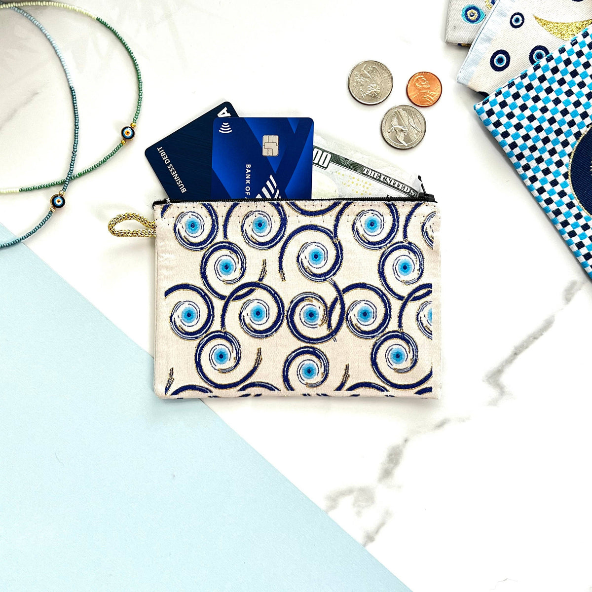 Boho Coin Purse, Fabric Zipper Pouch, Evil Eye Pouch