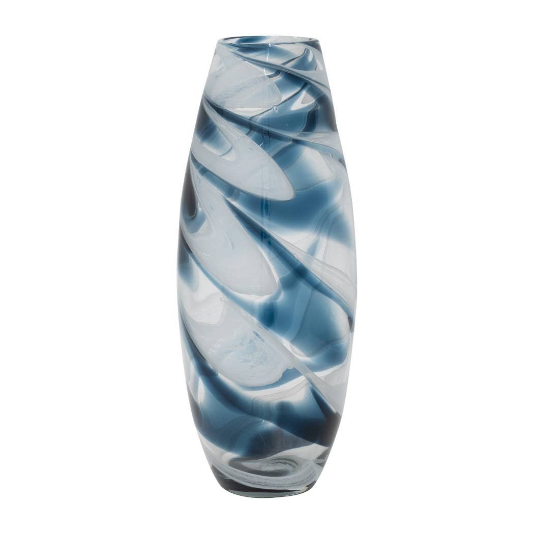 Glass Hand Blown Coastal Swirl Vase - Blue, 17 in.