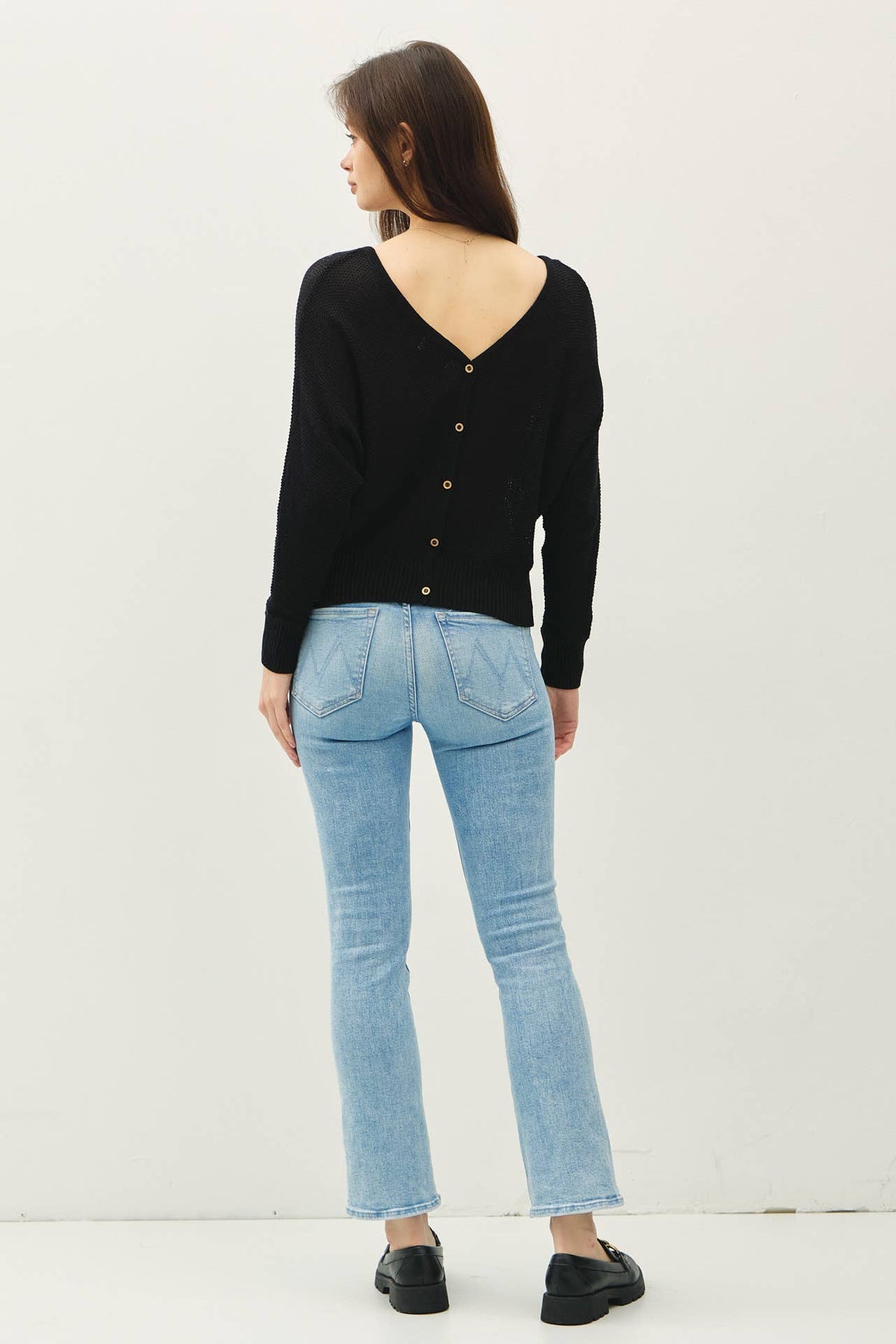 DOUBLE V-NECK BACK BUTTON  DOWN SWEATER