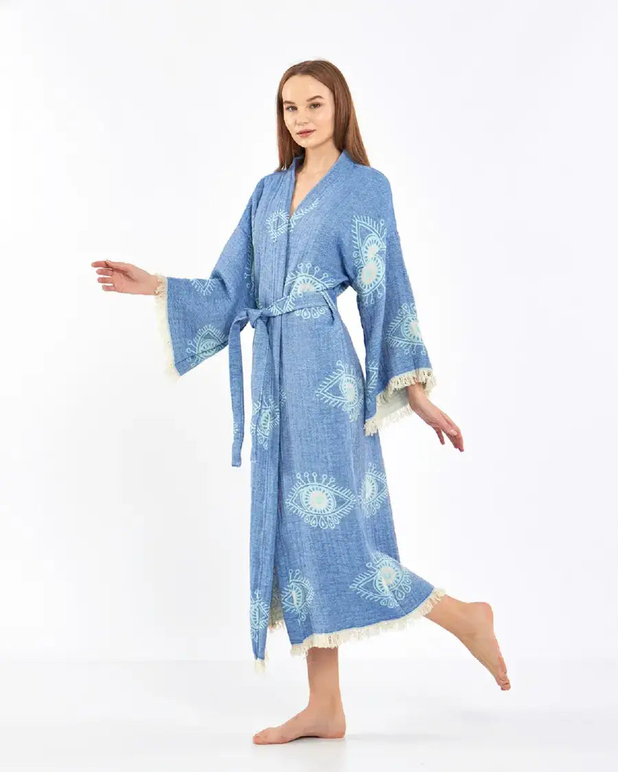 Blue Evil Eye Kimono, Long Cotton Robe, Cotton Kafthan