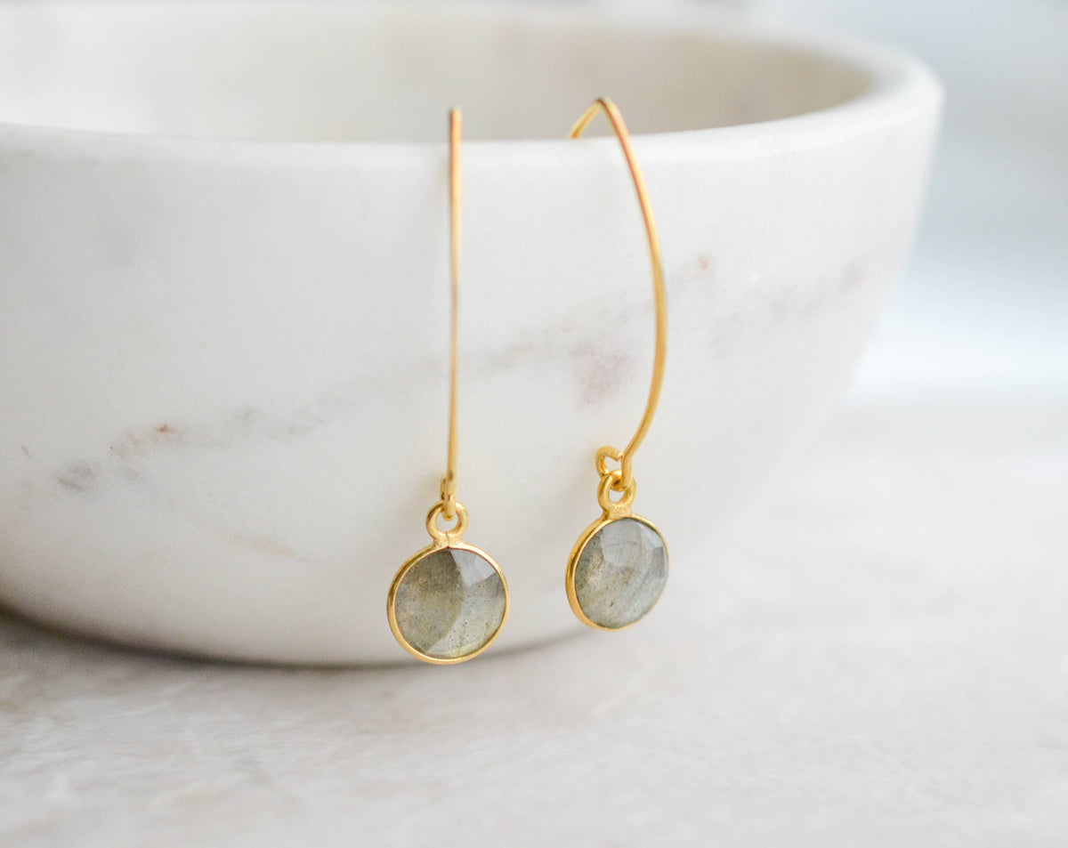 Vermeil Gold Marquis Medium Round Earrings - Labradorite