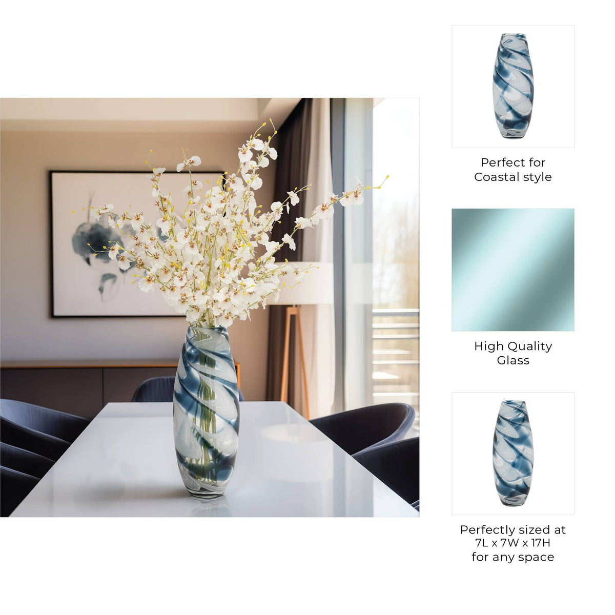 Glass Hand Blown Coastal Swirl Vase - Blue, 17 in.