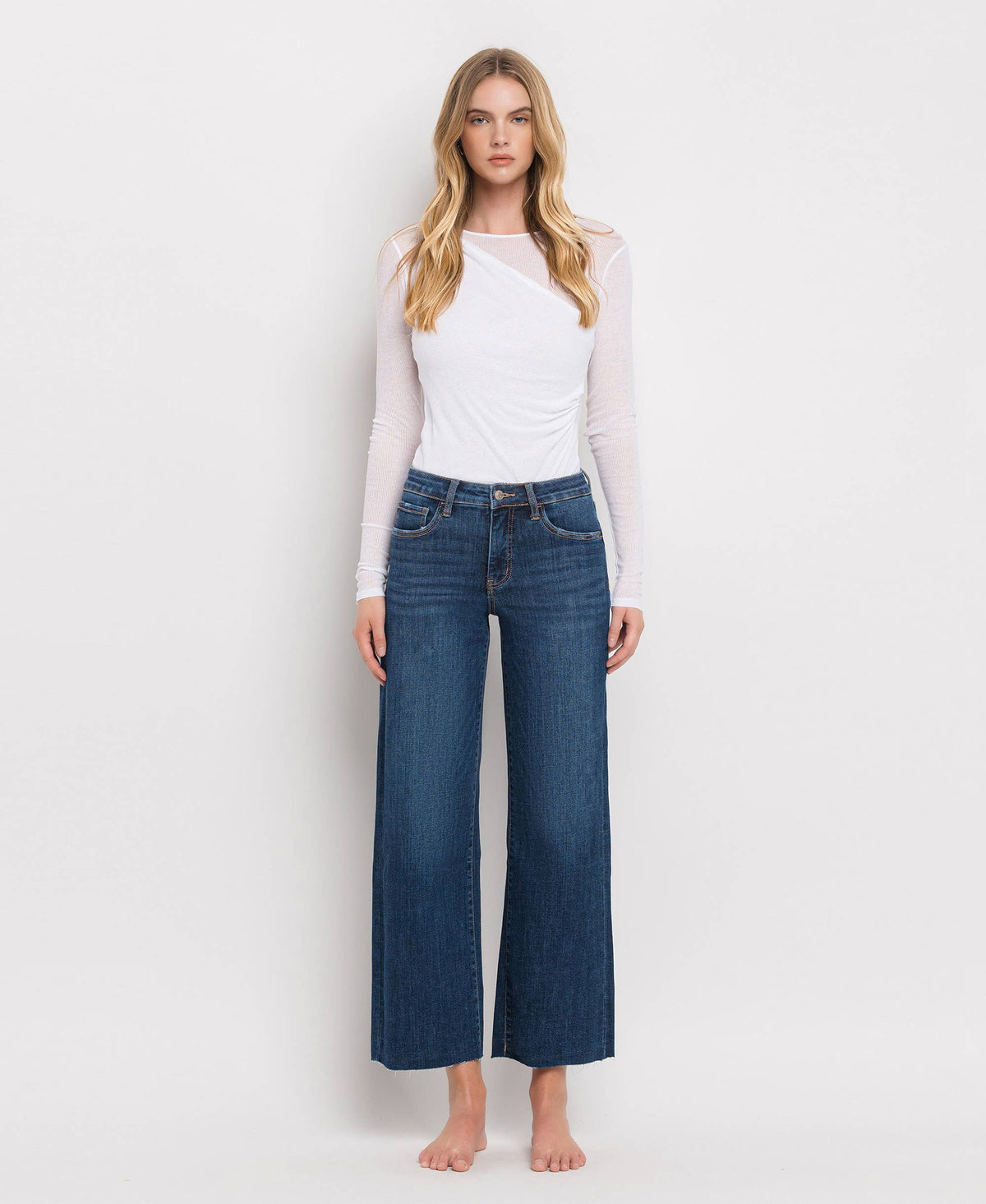 TUMMY CONTROL MID RISE DARK WASH WIDE LEG JEANS LV131