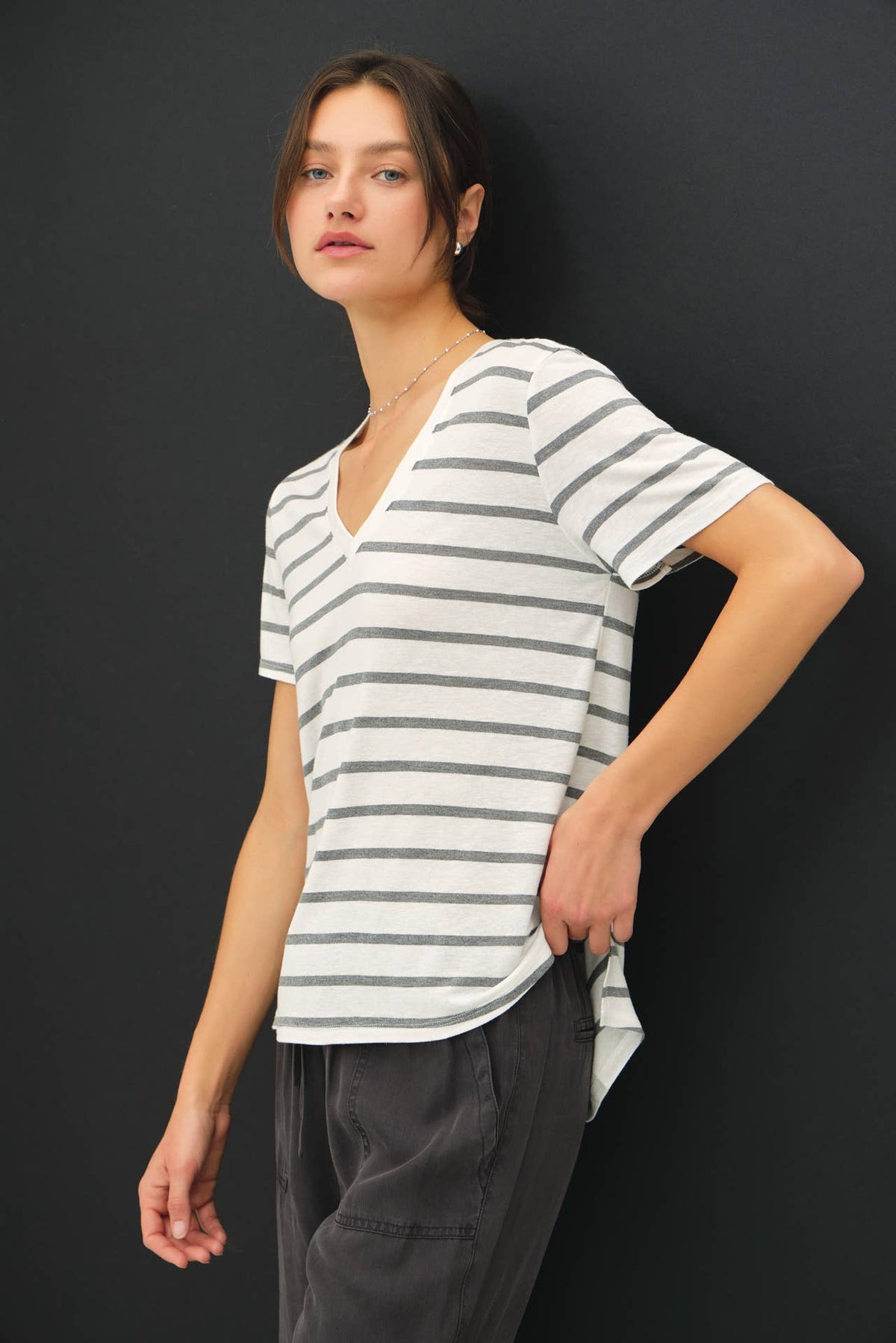 COTTON LINEN BLEND RELAXED FIT STRIPED T-SHIRT
