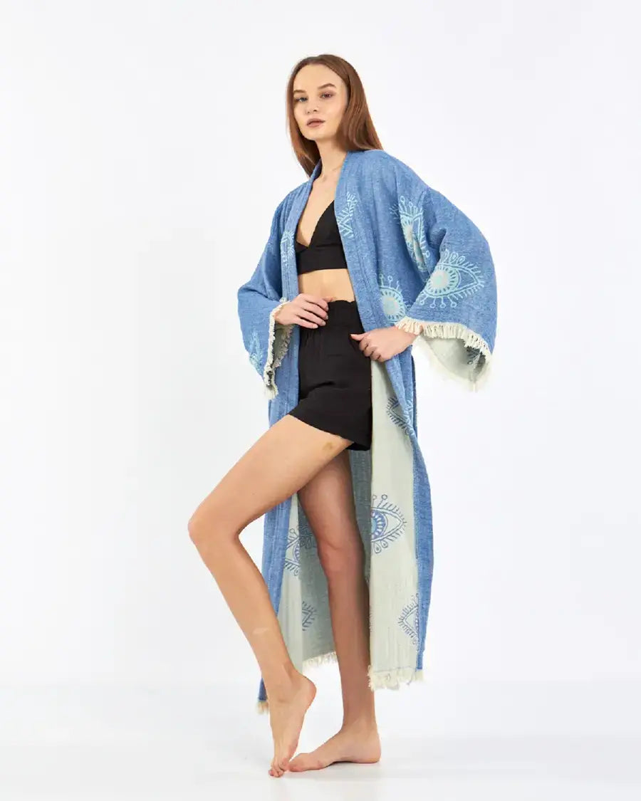 Blue Evil Eye Kimono, Long Cotton Robe, Cotton Kafthan