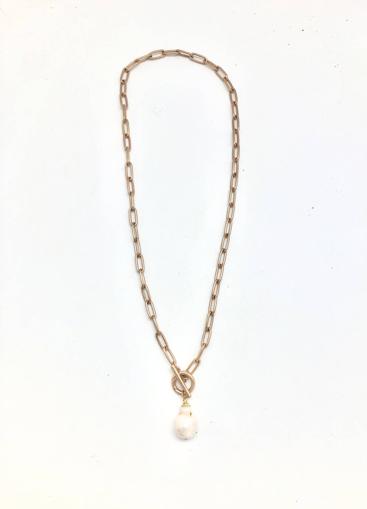 Necklace Matte Gold Paper Clip Chain w/Baroque Pearl Drop18”