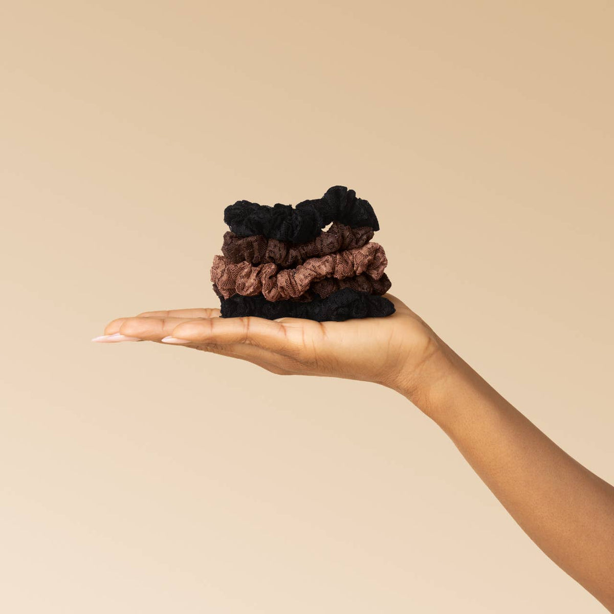 Ruched Lace Scrunchies 5pc Set - Black, Chocolate & Mocha