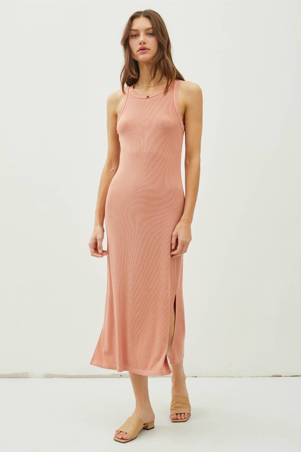 RIBBED KNIT SIDE SLIT SLEEVELESS TANK MIDI DRESS