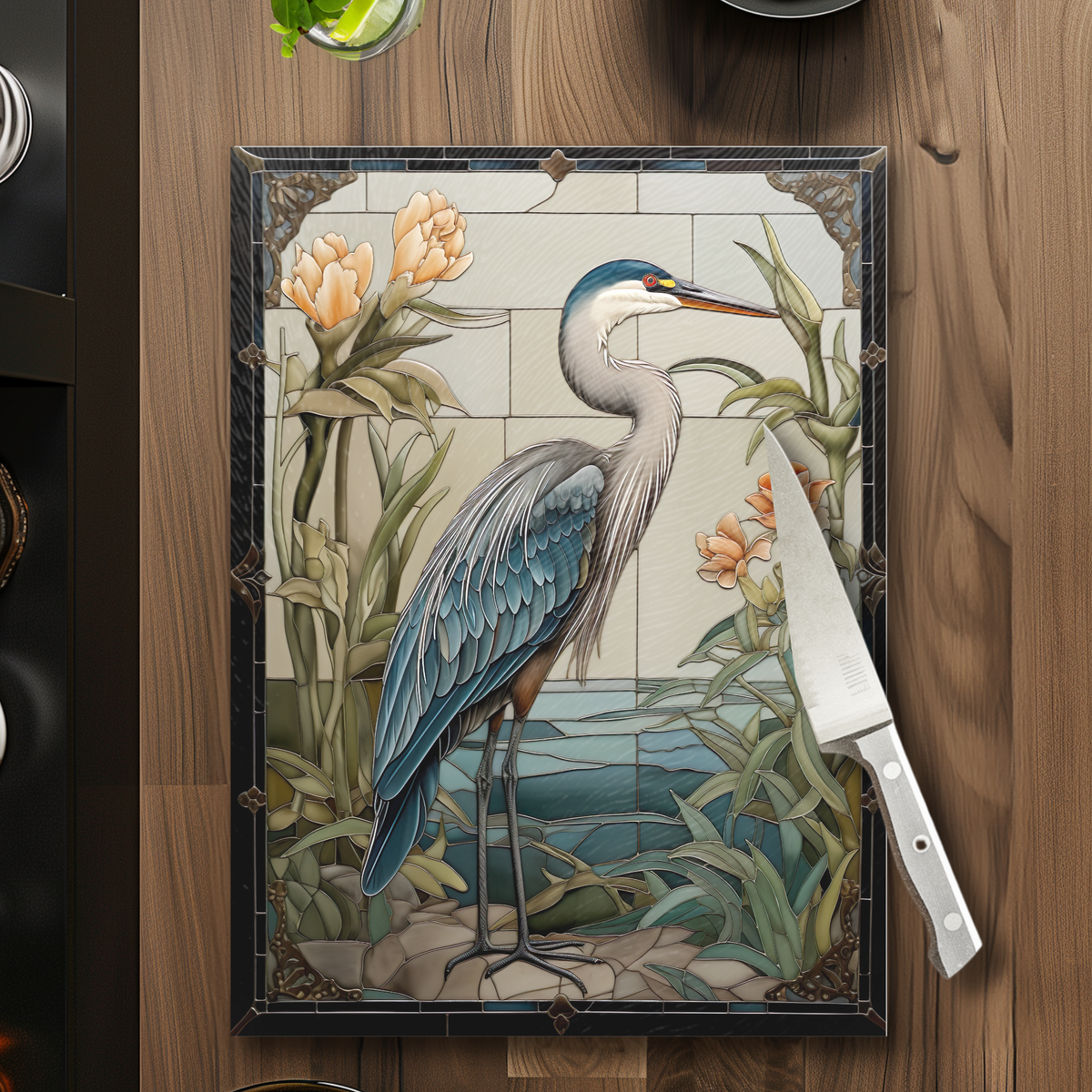 Tempered Glass Cutting Board: Blue Heron Serving Tray (R)