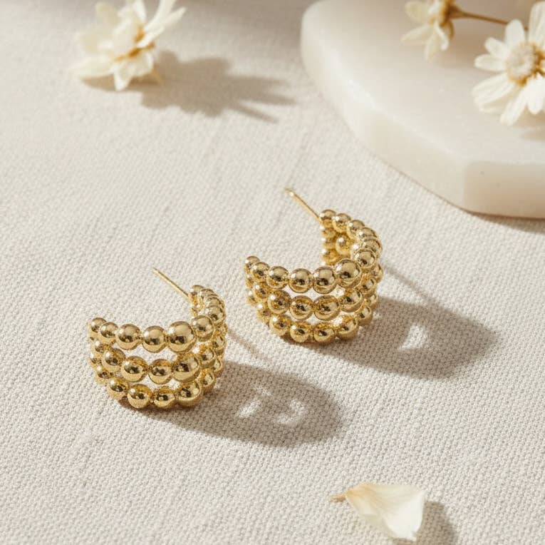Gold Earrings-Trio Beaded Hoops