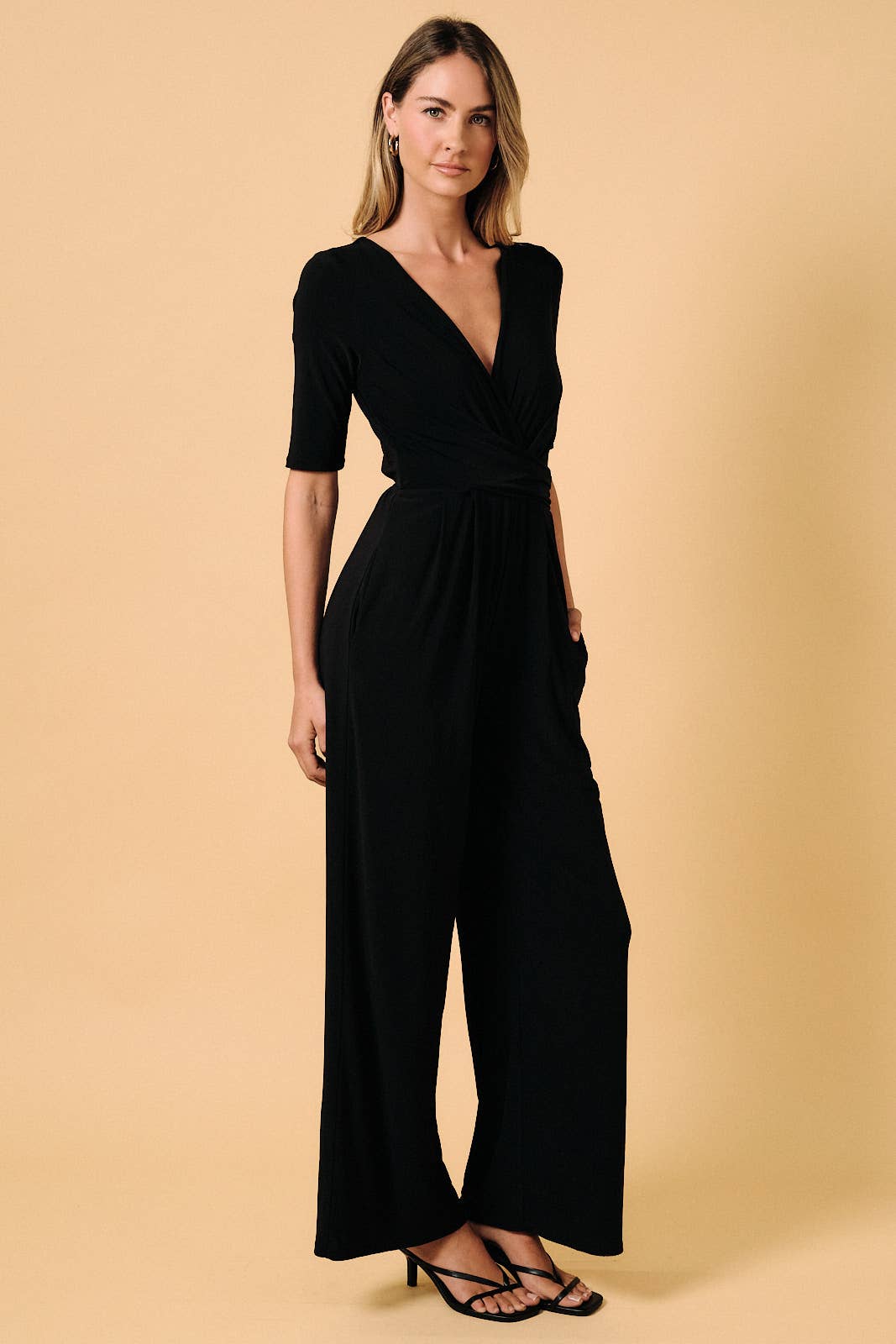 V NECK ELBOW SLEEVE SURPLICE WRAP BODICE WIDE LEG JUMPSUIT