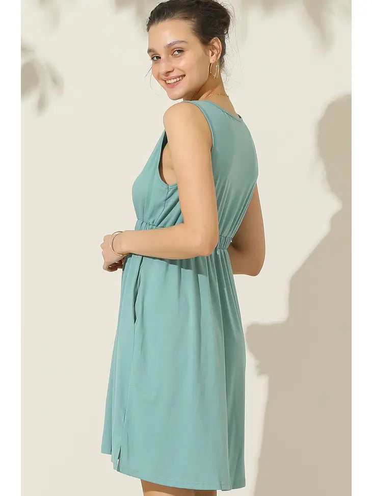 Teal Sleeveless Button Pocket Slim Waist Dress