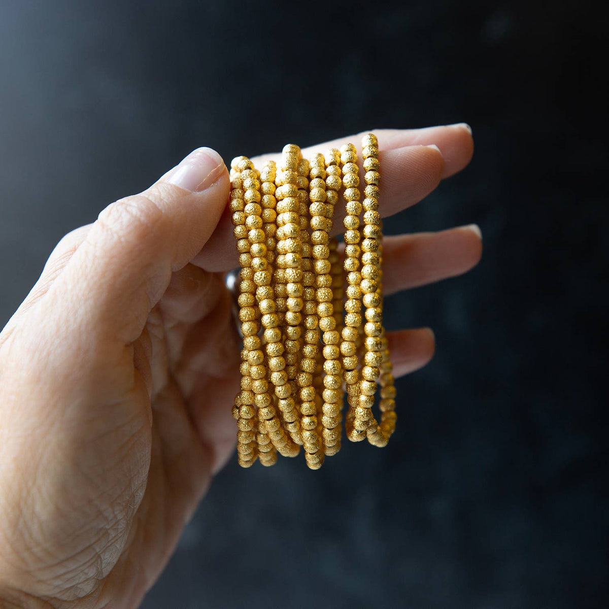 Gold Beaded Bracelets-4mm, Textured, Stretch, Long Wear