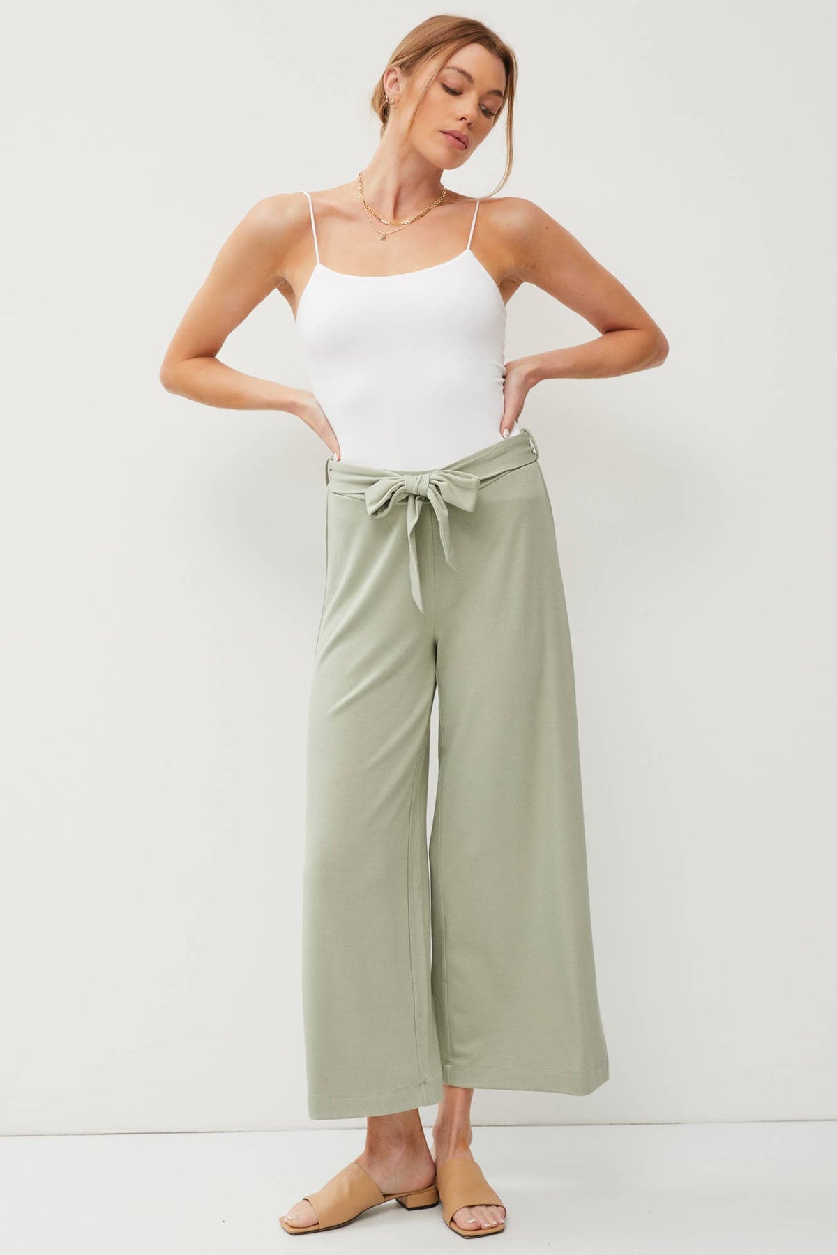TIE BOW STRETCH CROP WIDE LEG PANTS