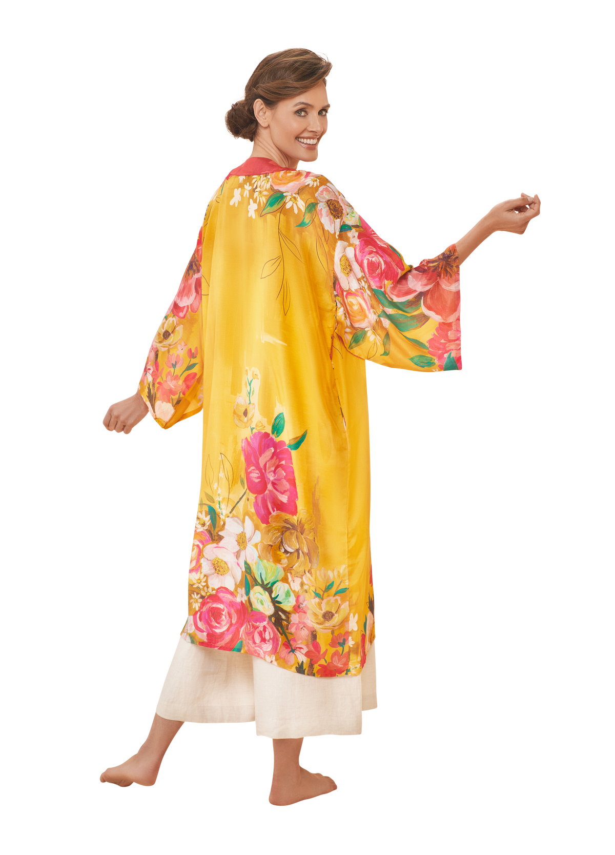 Impressionist Floral Kimono Gown in Mustard