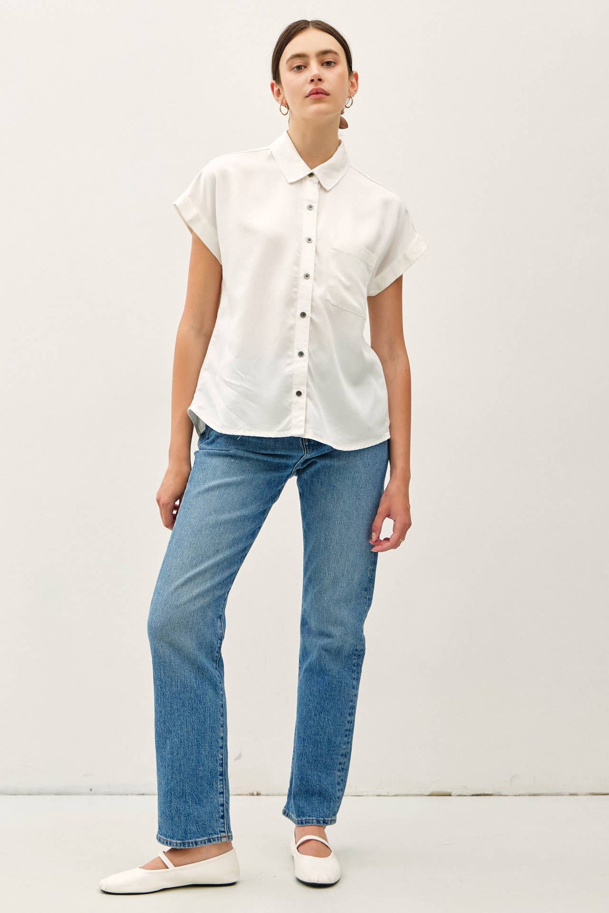 TENCEL SHORT DOLMAN SLEEVE BUTTON DOWN SHIRT