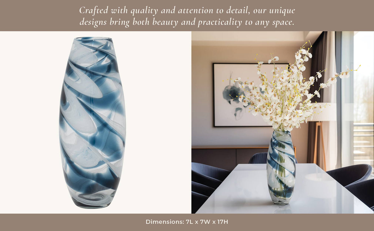 Glass Hand Blown Coastal Swirl Vase - Blue, 17 in.