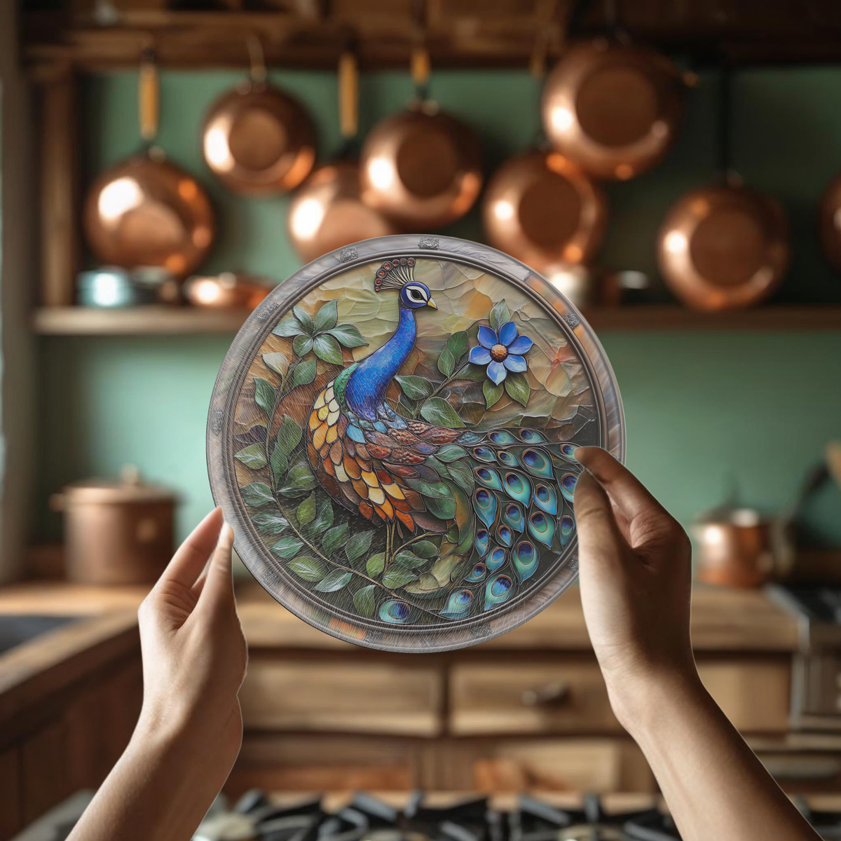 Tempered Glass Charcuterie Tray: Peacock Cutting Board