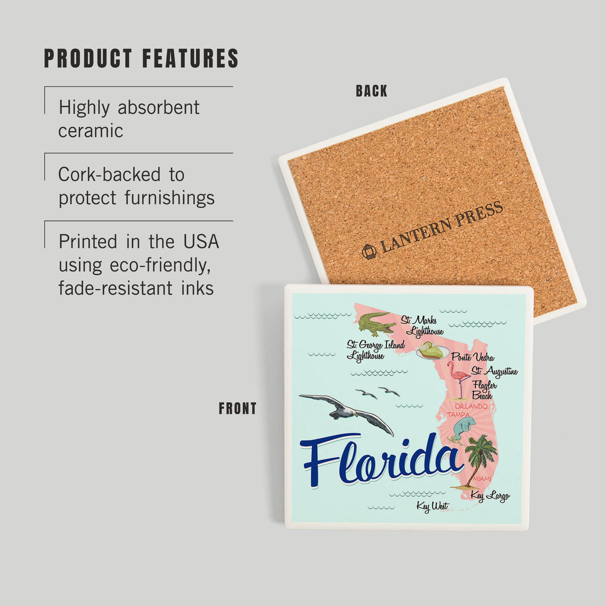 CERAMIC COASTER Florida, Typography & Icons, Pink & Blue