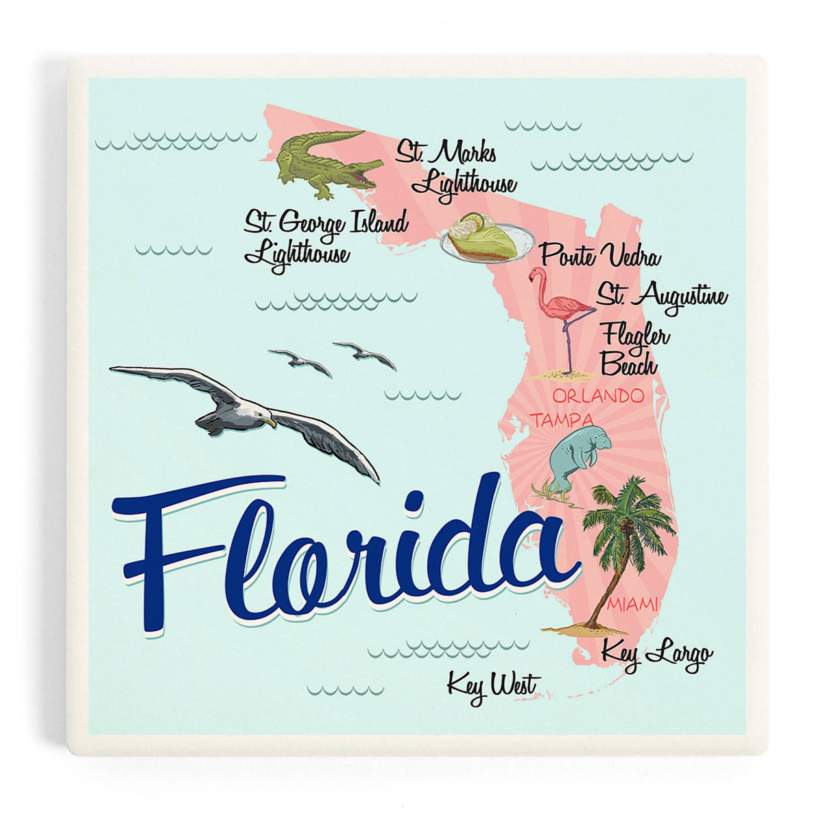 CERAMIC COASTER Florida, Typography & Icons, Pink & Blue