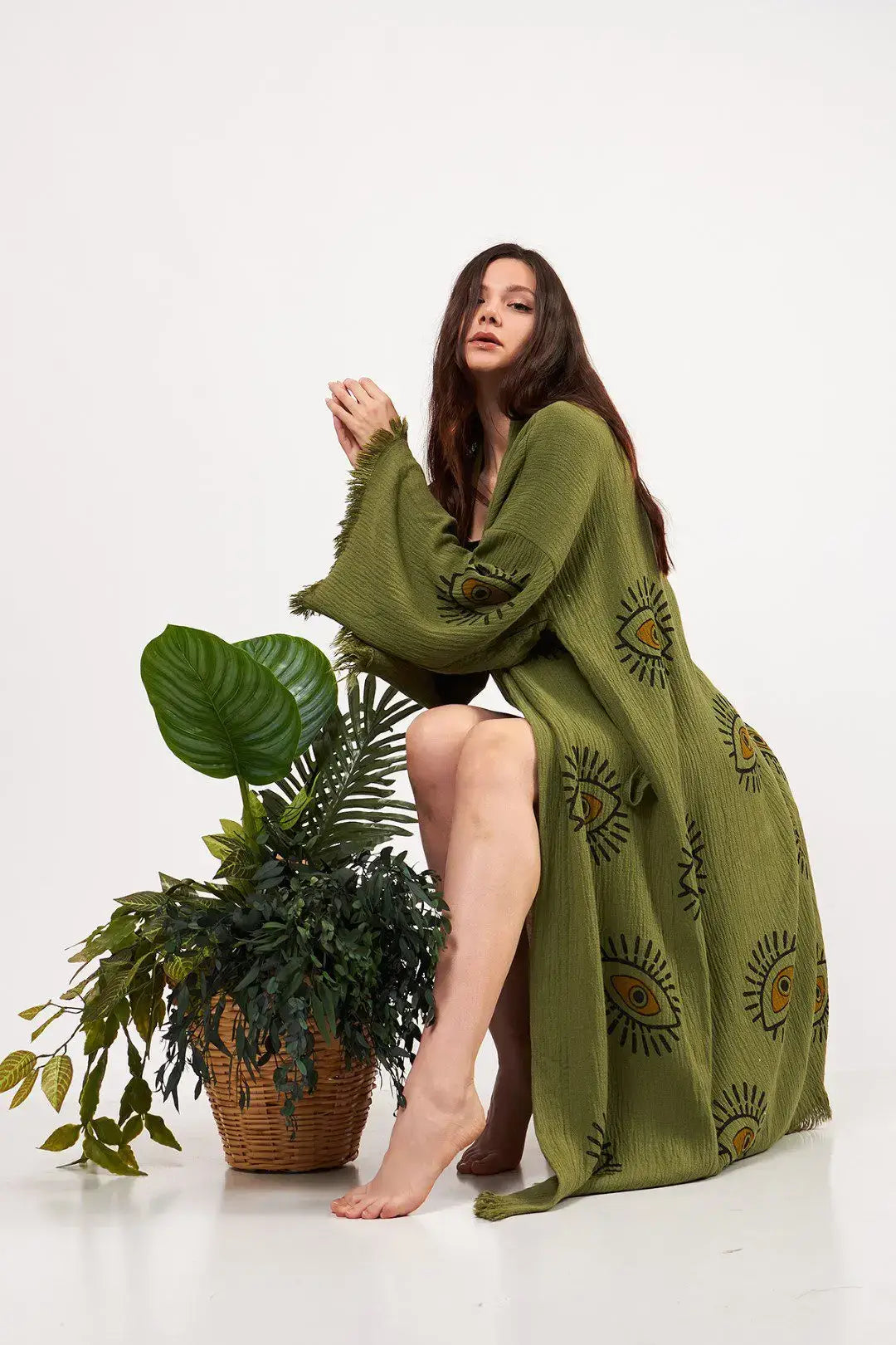 Green Evil Eye Kimono, Cotton Kaftan Kimono, Evil Eye Robes