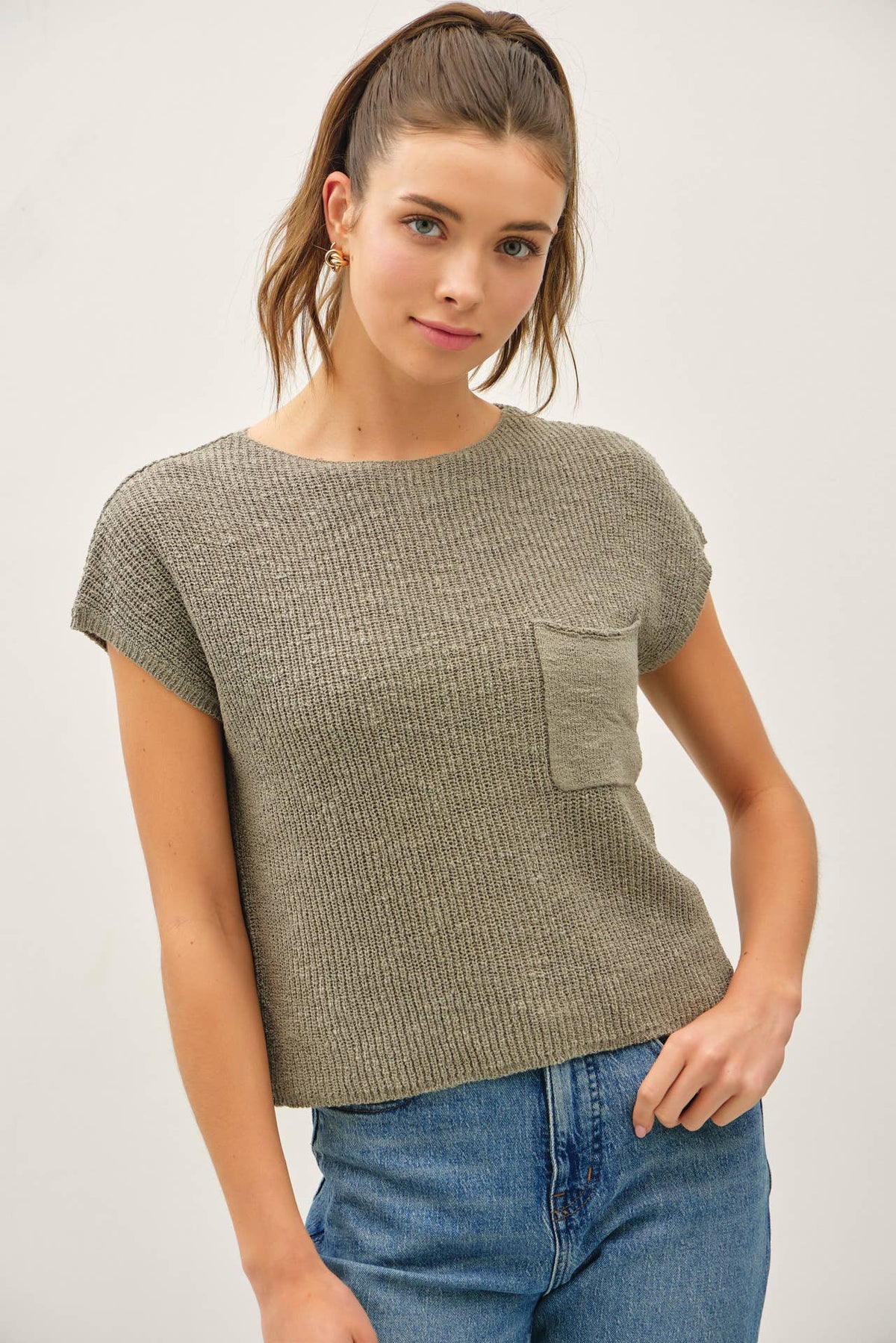 POCKET DOLMAN CAP SLEEVE BOXY KNIT