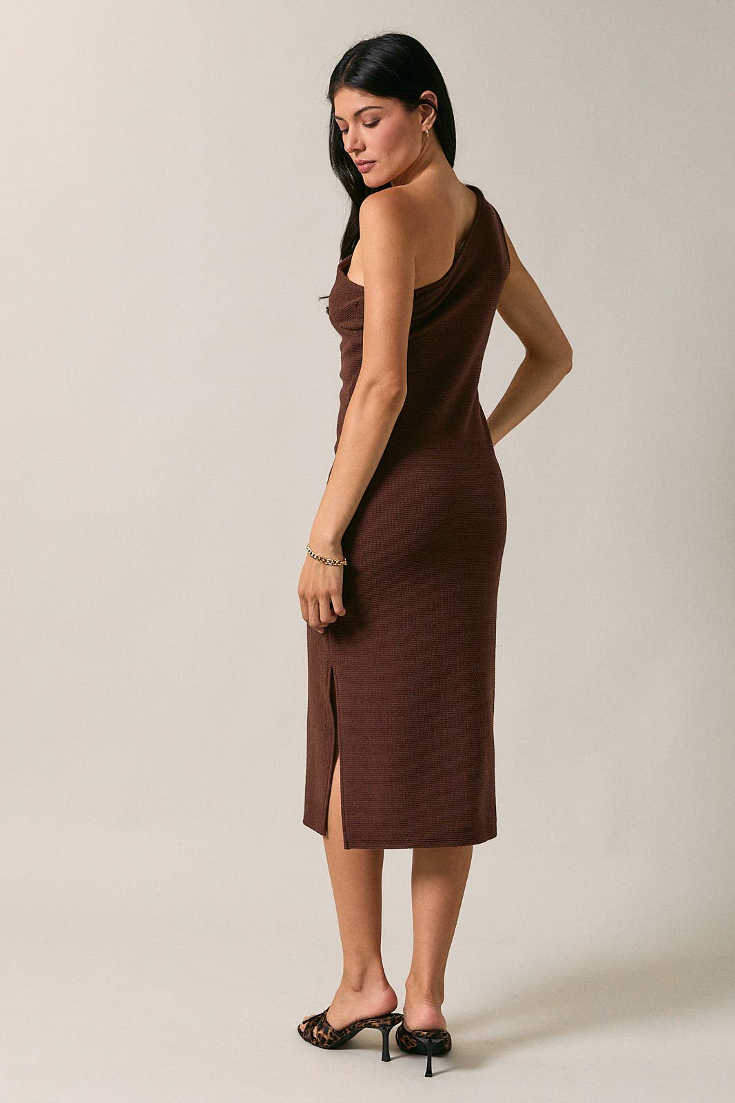 ASYMMETRIC ONE SHOULDER CUT OUT NECKLINE MIDI DRESS
