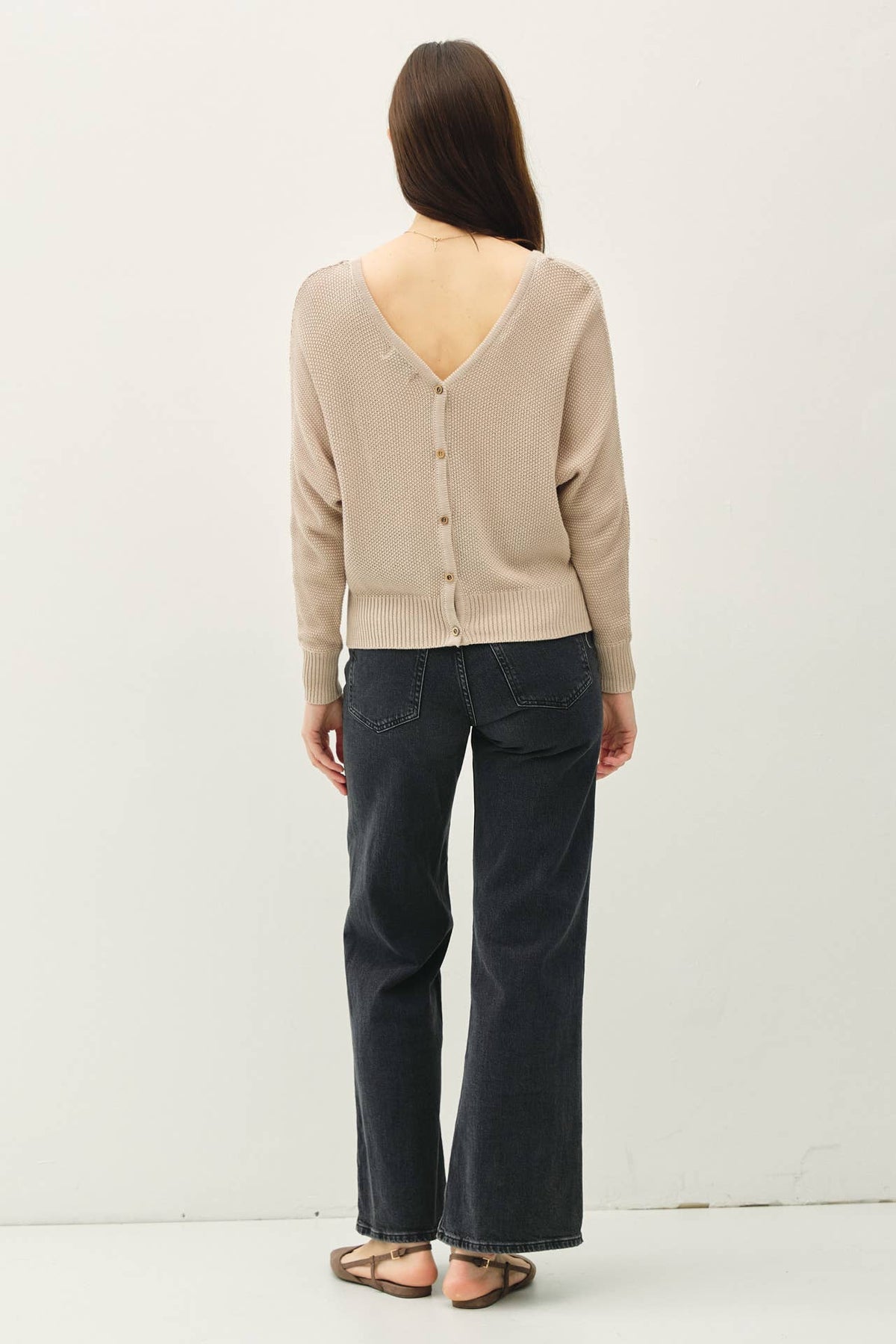 DOUBLE V-NECK BACK BUTTON  DOWN SWEATER