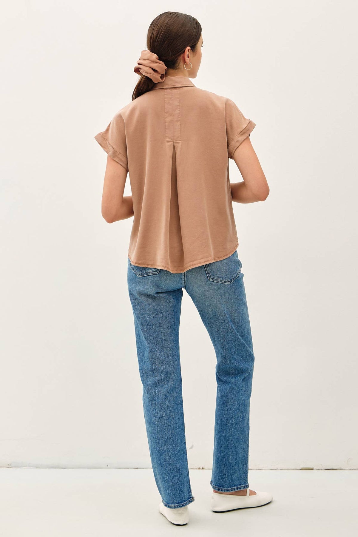 TENCEL SHORT DOLMAN SLEEVE BUTTON DOWN SHIRT