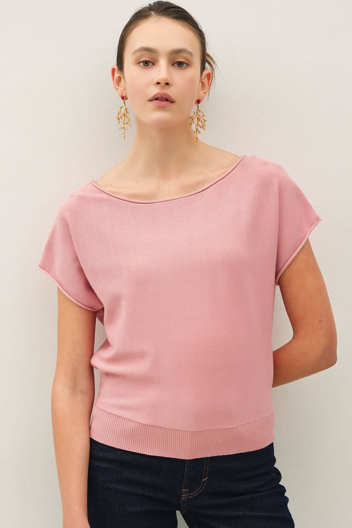 BOAT NECK CAP SLEEVE FINE SWEATER TOP