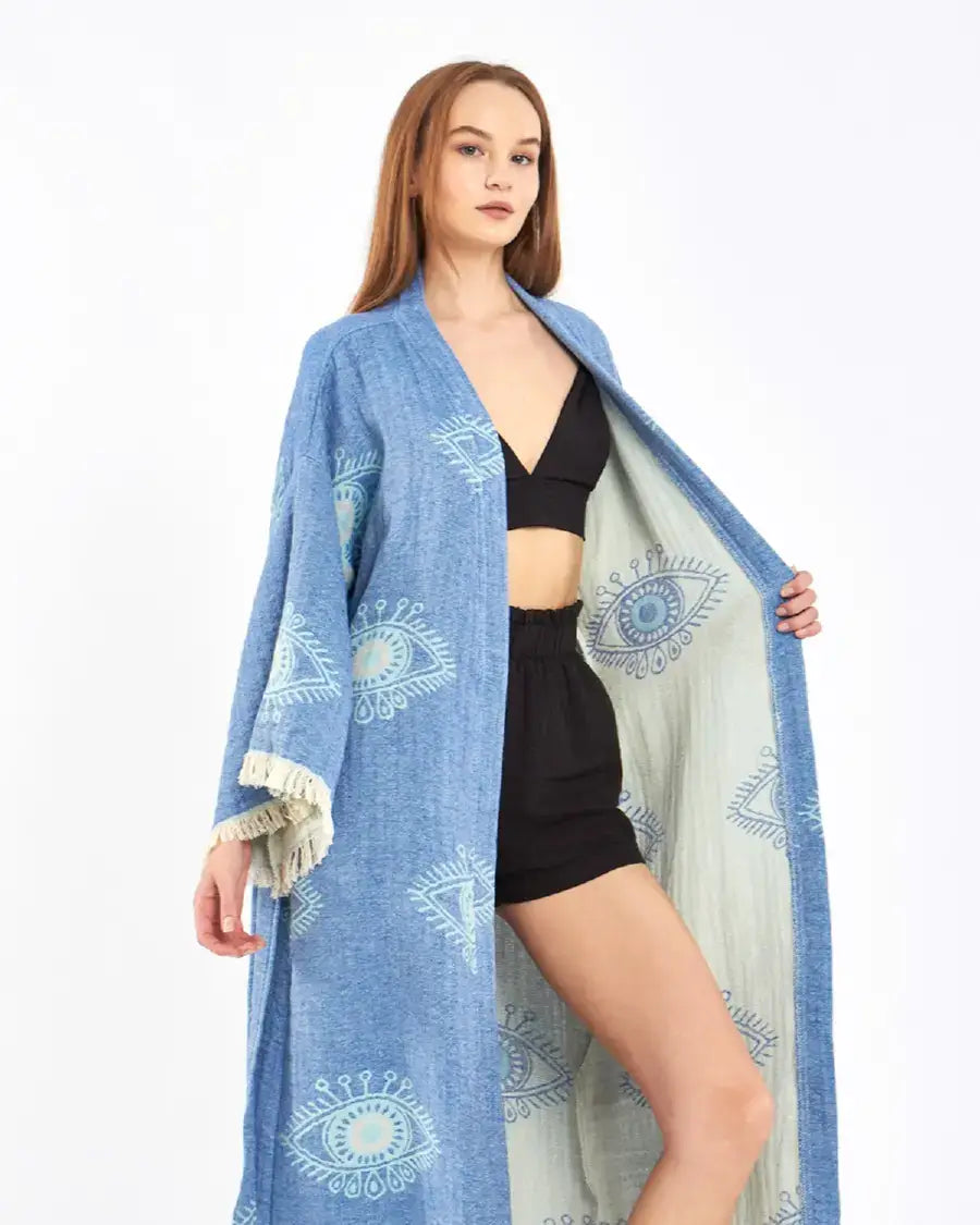 Blue Evil Eye Kimono, Long Cotton Robe, Cotton Kafthan